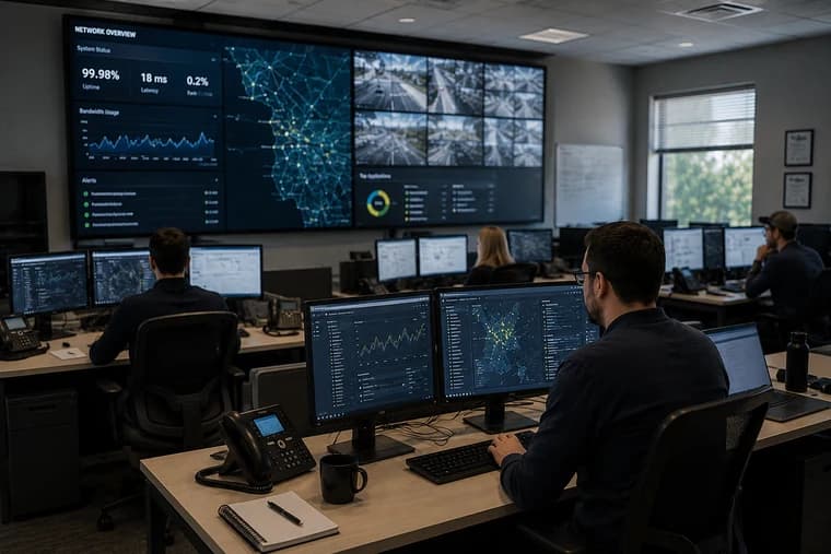 Network operations centre with a wall display headed Network Overview showing 99.98 percent uptime, 18 ms latency and live bandwidth graphs, engineers monitoring at desks below