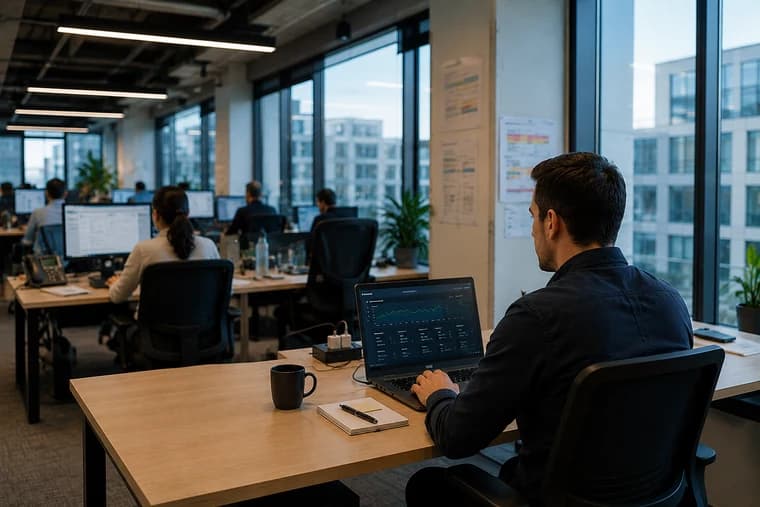 Employee at a laptop showing a live network dashboard in a bright open-plan office, colleagues working at monitors along the window wall behind