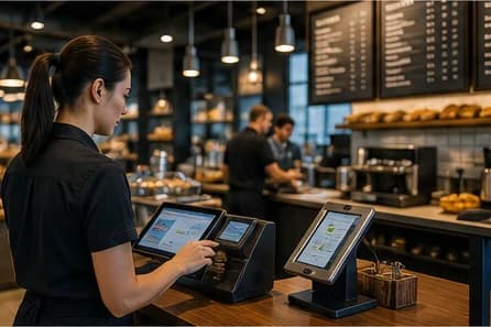 Barista using a countertop point-of-sale tablet in a busy cafe with menu boards and colleagues working behind
