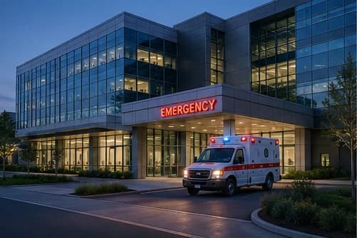Ambulance with lights on parked at the illuminated emergency entrance of a modern hospital at dusk