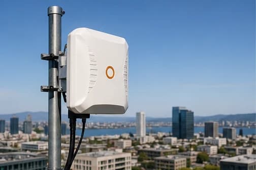 White managed customer-premises radio mounted on a rooftop mast with a bayside city skyline behind it