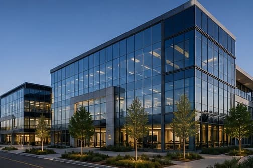 Modern glass-fronted commercial office building at dusk with warm interior lighting and young trees along the frontage