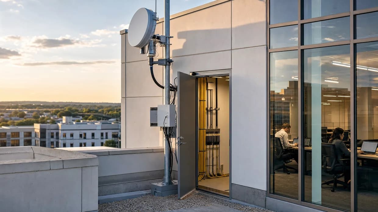 Rooftop wireless equipment and fiber entry alongside an active professional-services office