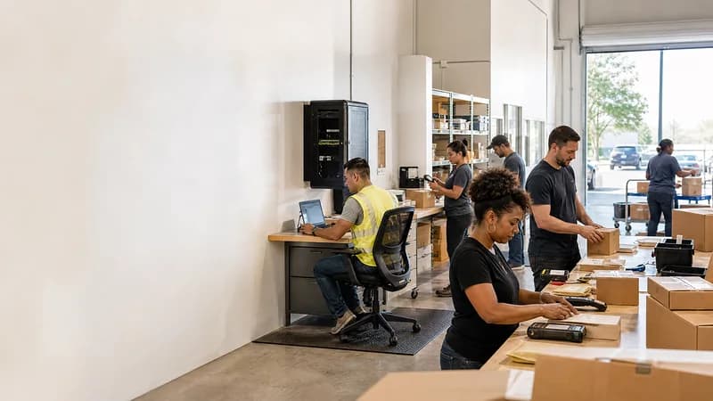 Regional e-commerce fulfilment team processing orders beside a managed network cabinet