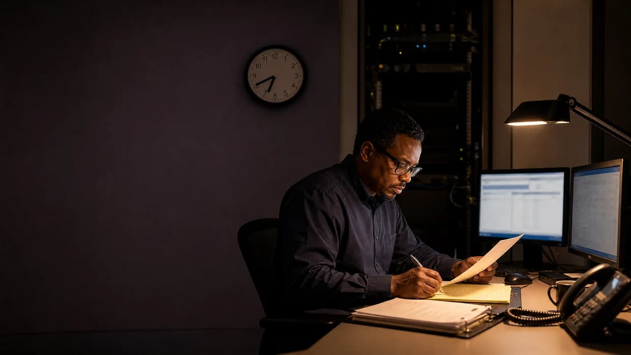 Network operations analyst reviewing service records during an evening monitoring shift