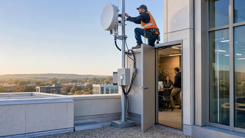 Technician installs rooftop fixed wireless above an active project office