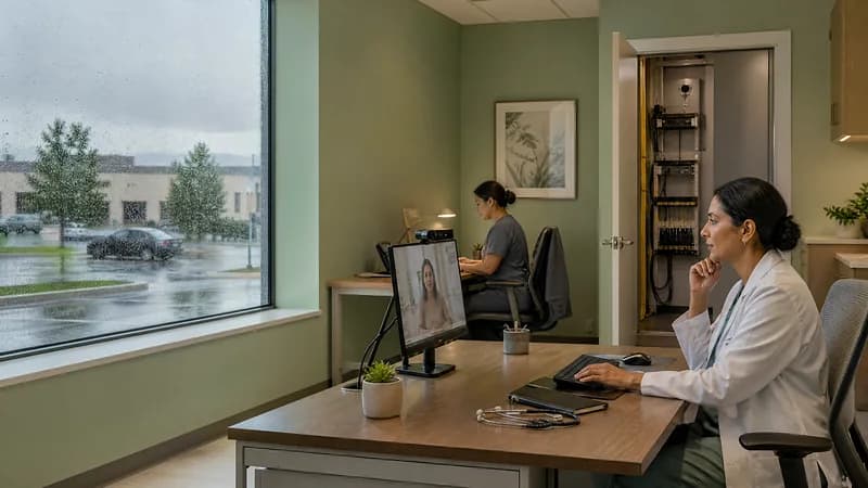 Clinician continues a telehealth consultation in a clinic with a network cabinet in the background