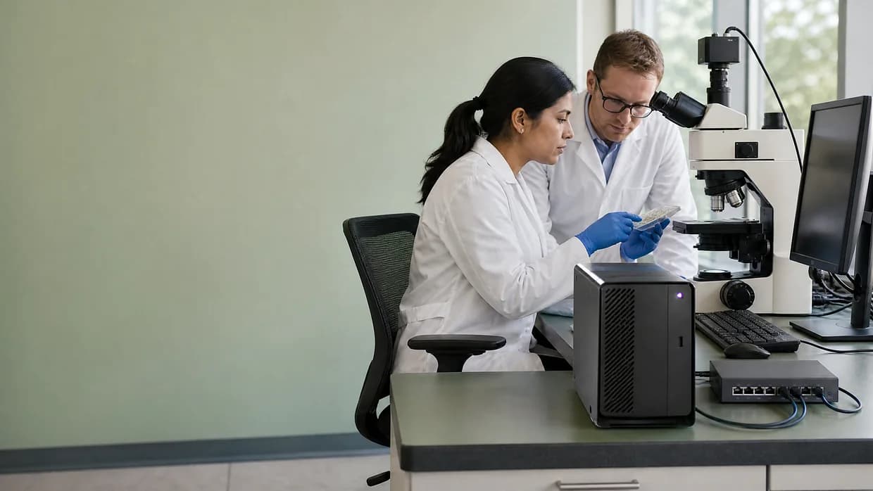 Biotech researchers working beside compact edge computing and network equipment