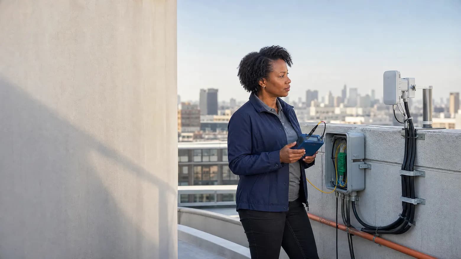 WiLine engineer testing a rooftop service enclosure on a terrace with the city skyline behind