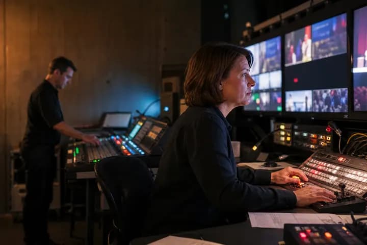 Broadcast operators running a live show from a control room lined with multiviewer screens