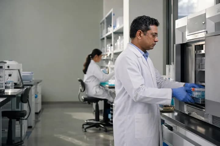 Scientist in a lab coat loading samples into an analyser in a life-sciences laboratory