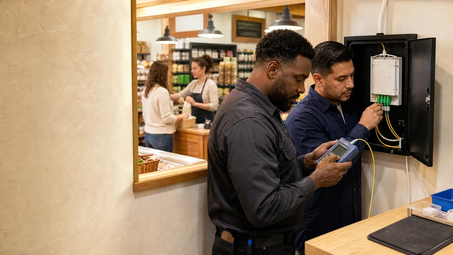 WiLine engineer and a business owner checking the fiber handoff at a wall-mounted demarcation enclosure inside a shop
