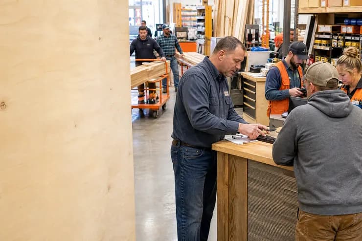 Hardware store staff serving a queue of trade customers at the checkout during a busy period