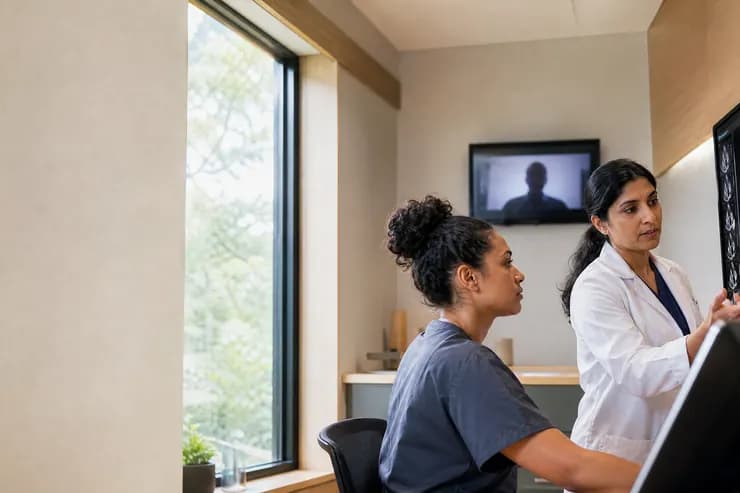 Clinician reviewing a diagnostic image on screen with a colleague in a clinic consulting room