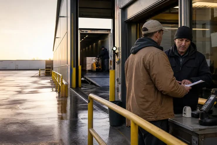 Two workers checking a delivery manifest on a handheld device at a loading dock at dawn