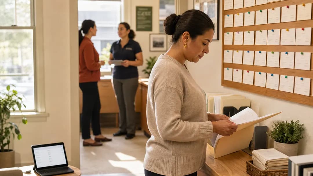 Store manager working through paperwork at a counter while colleagues serve customers behind her