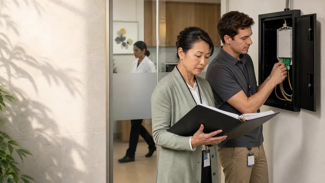 Clinic administrator reviewing a records folder with an engineer at a fiber enclosure in a medical corridor