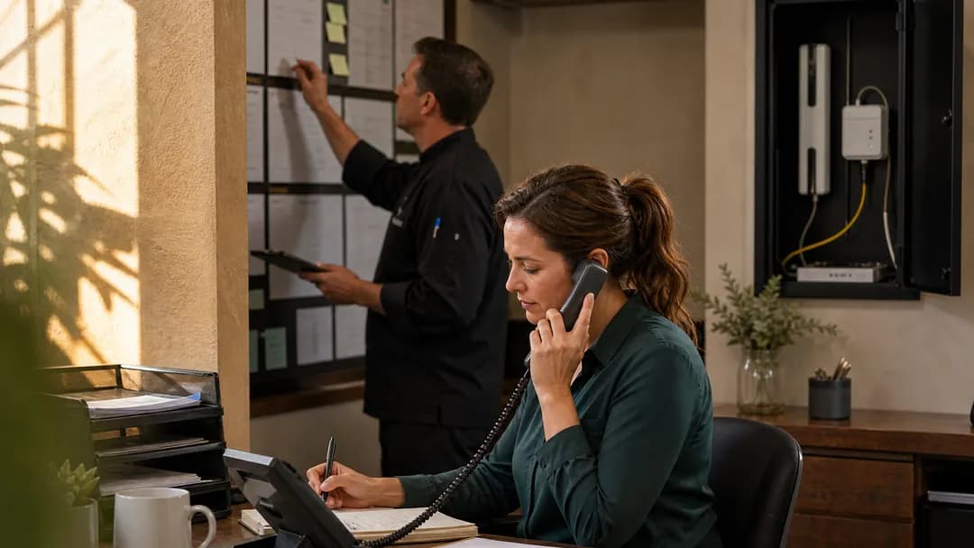 Restaurant manager taking a booking by phone at a back-office desk beside a fiber enclosure while a colleague updates the wall board