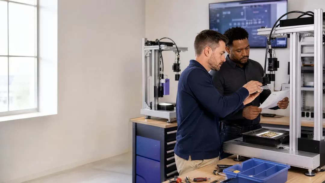 Two technicians reviewing readings on a tablet beside optical test equipment in a lab