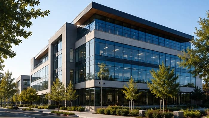 Modern four-storey glass and stone office building on a tree-lined business park street under clear blue sky