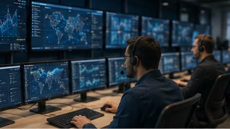 Network operations engineer wearing a headset monitoring a curved bank of screens showing live traffic maps and link telemetry