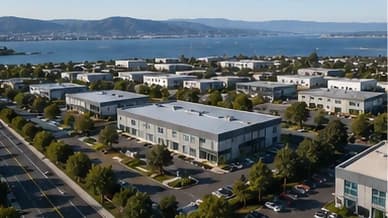 Aerial view of a bayside commercial business park of low-rise offices and warehouses, with parking, arterial road and the shoreline beyond
