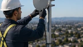 Field technician in a white hard hat and high-visibility harness aligning a small microwave dish on a mast high above a city