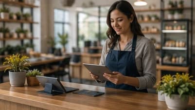 Shop owner in an apron using a tablet at the timber counter of a bright modern retail space with stocked shelves behind