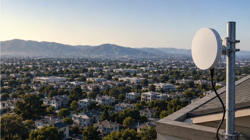 FCC-licensed point-to-point microwave dish on a rooftop mast, aimed across a valley of low-rise buildings toward the hills, an engineered line-of-sight 10G link