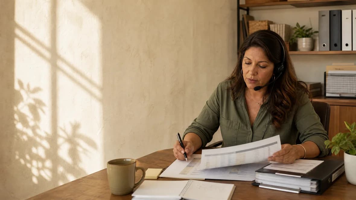Operations manager working through site paperwork at a desk while wearing a headset, in a warm daylit back office
