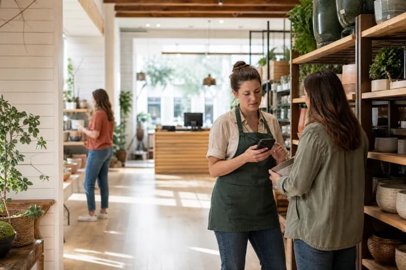 Shop assistant helping a customer from a handheld device on the floor of a bright homeware store