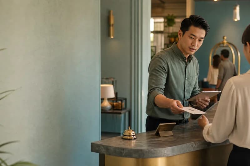 Hotel receptionist checking a guest in at a front desk in a warm boutique lobby