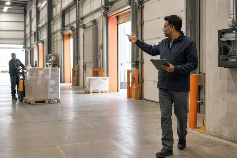 Distribution supervisor directing work from a tablet on a loading dock beside a wall-mounted network cabinet