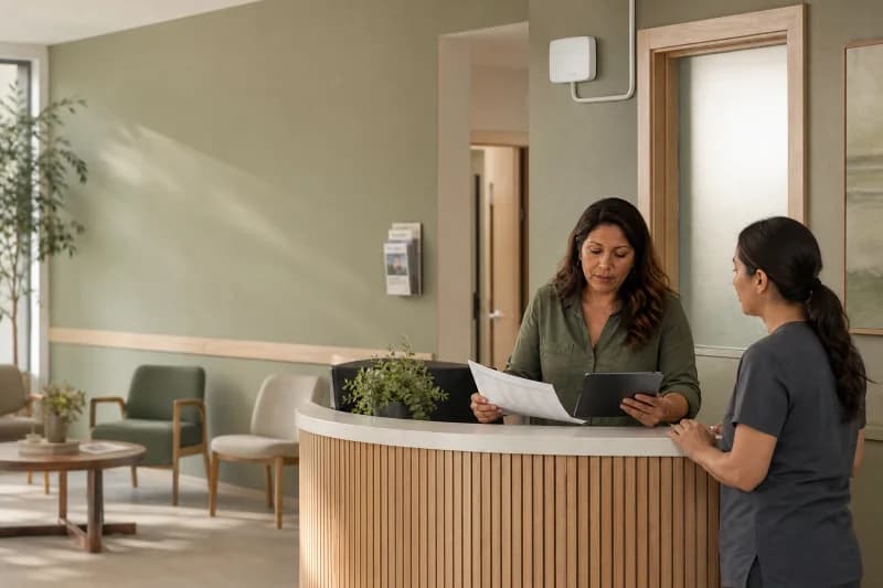 Clinic receptionist and a nurse reviewing a patient list together at a curved reception desk in a calm waiting area