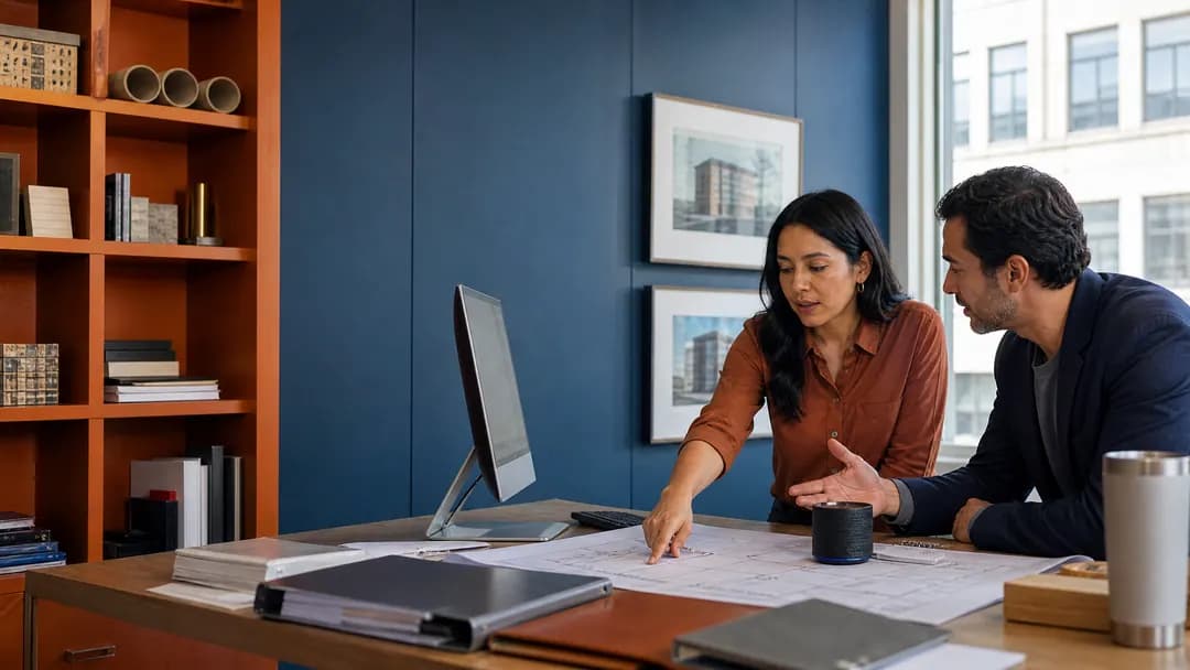 Two colleagues reviewing drawings at a desk while an AI assistant device sits alongside their workstation