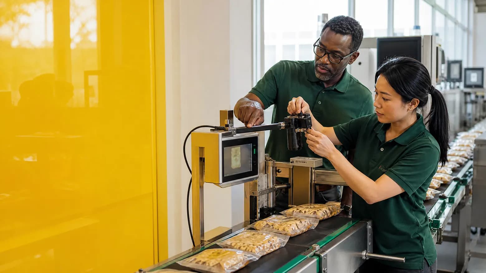Two production staff adjusting an inline vision camera above a bakery conveyor inspecting product