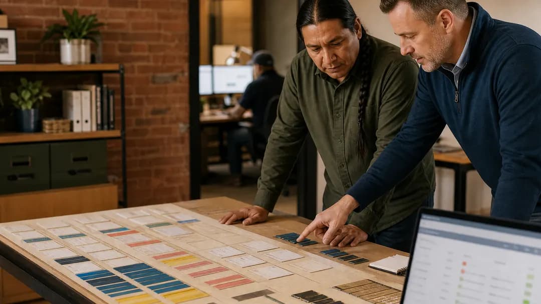 Two network architects planning segmentation on a large layout board with a policy dashboard open on a laptop beside them