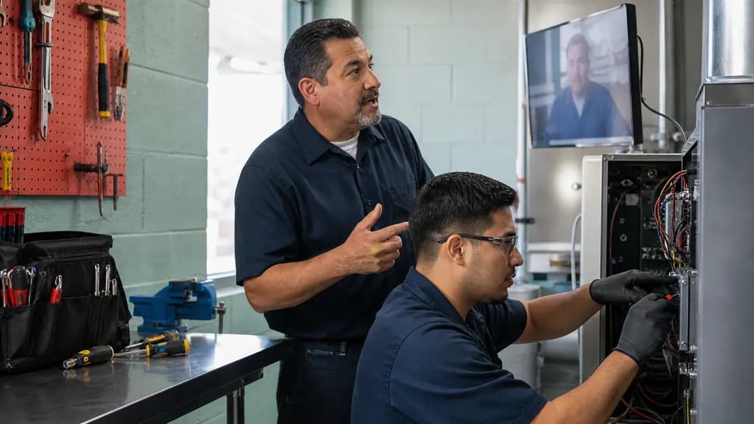 Two service technicians working inside an equipment cabinet in a workshop while a remote specialist advises on a screen