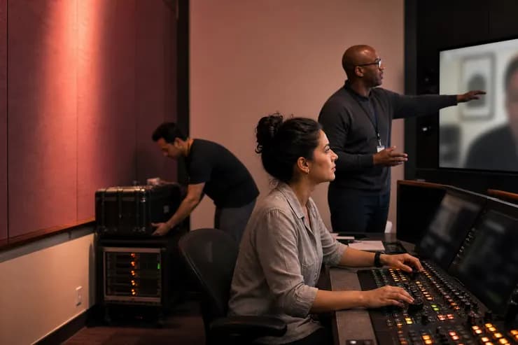 Operators monitoring live output at a control desk with a remote colleague on a large display