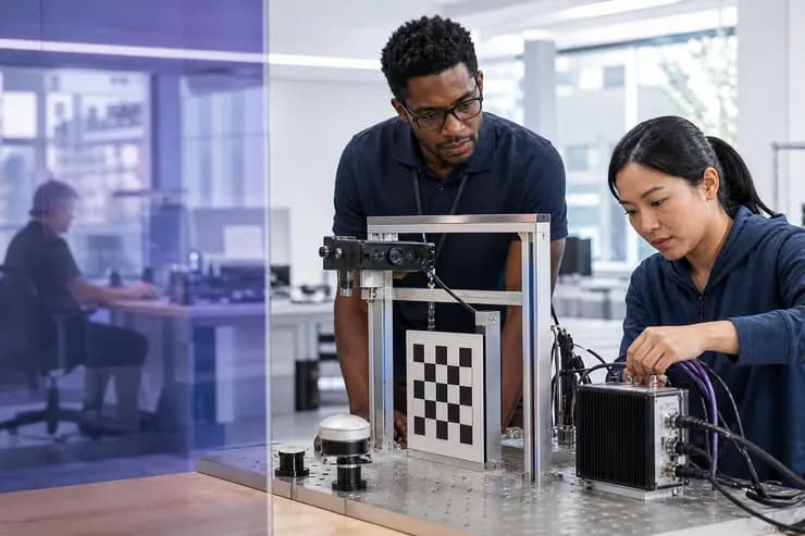 Two engineers calibrating a camera and sensor rig on a bench in a technology workspace