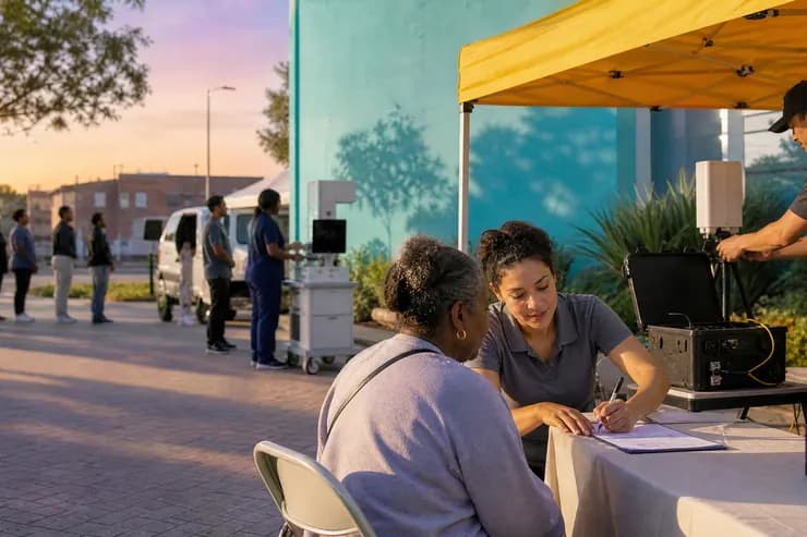 Staff running a pop-up service point under a canopy with equipment and a queue of people waiting