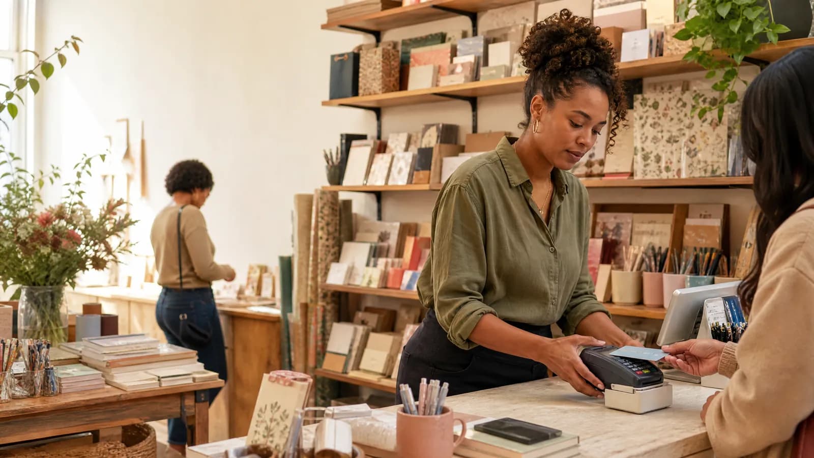Independent shop owner taking a contactless card payment at the counter while customers browse