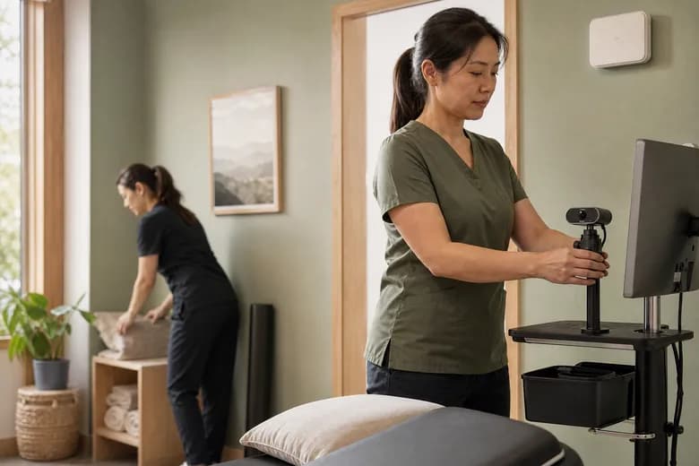 Clinician setting up a telehealth camera cart in a treatment room while a colleague prepares the space
