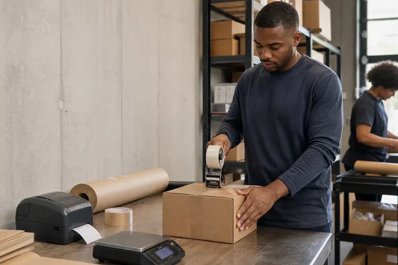 Warehouse worker sealing a parcel beside a label printer with a colleague packing behind