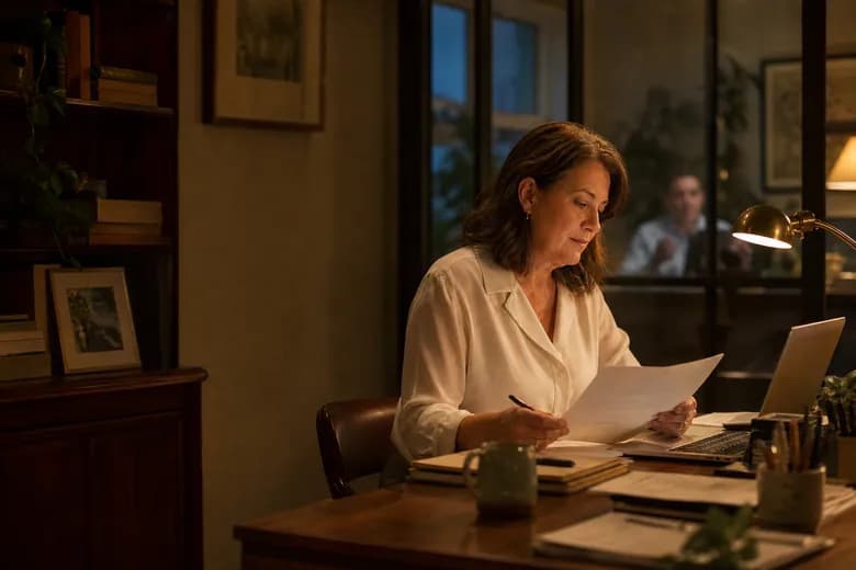 Accountant reviewing documents at a desk in the evening while a colleague takes a call behind