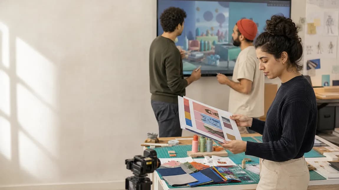 Studio team reviewing artwork together on a large display while a colleague checks printed proofs