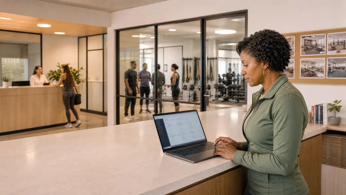 Front-desk manager working on a laptop at a fitness club reception with members and the training floor visible behind glass