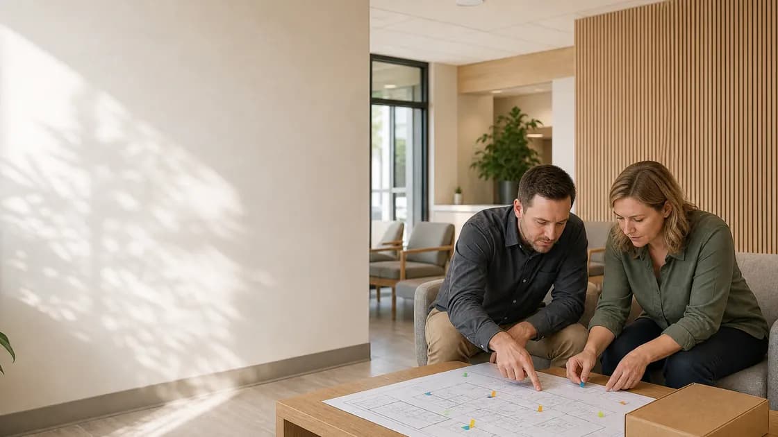 Two engineers marking access-point positions on a printed floor plan during a site walk in a waiting area