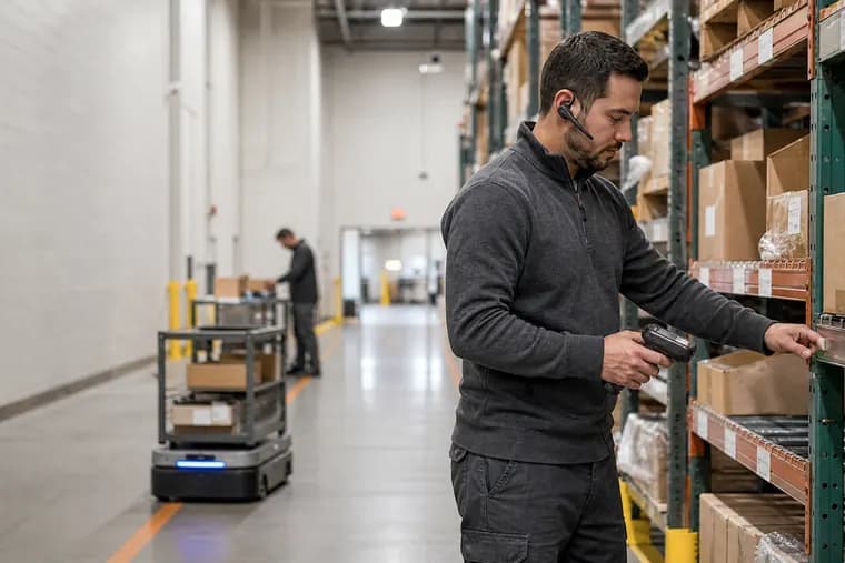 Warehouse operator wearing a headset scanning a shelf label as an autonomous mobile robot moves down the aisle