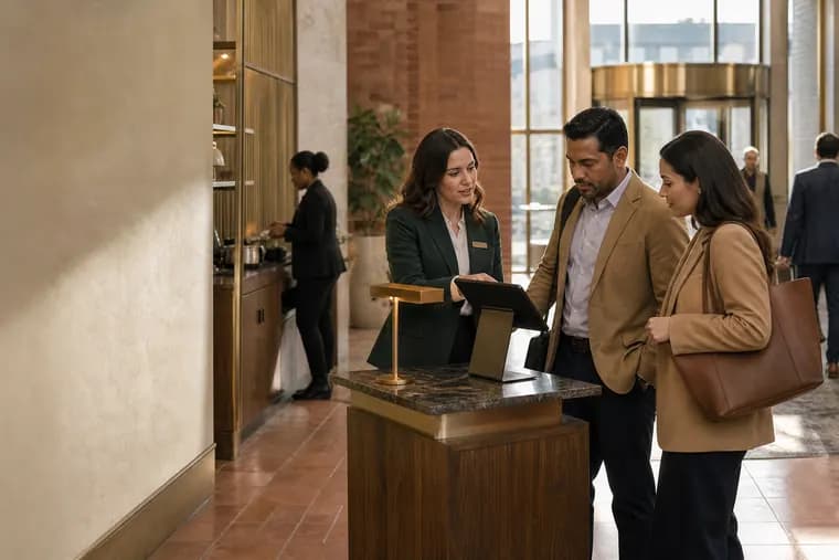 Hotel staff checking in arriving guests on a tablet in a lobby